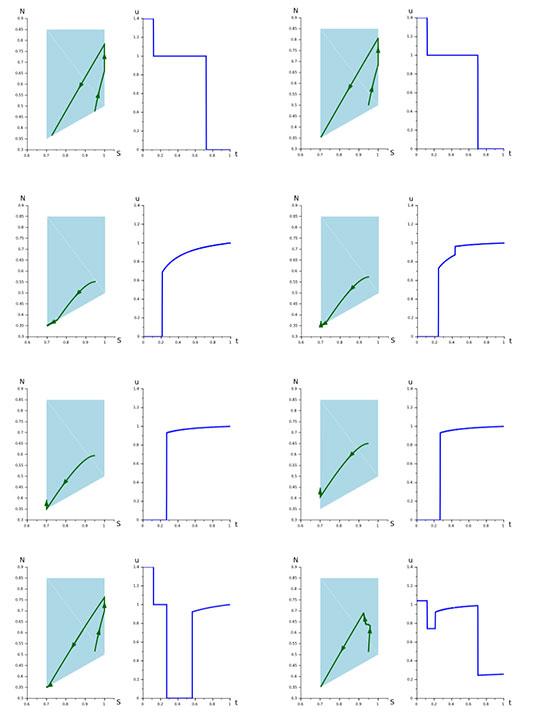 Différents cas possibles de trajectoires optimales dans le plan "eau - azote" et débits d'arrosage correspondant en fonction du temps